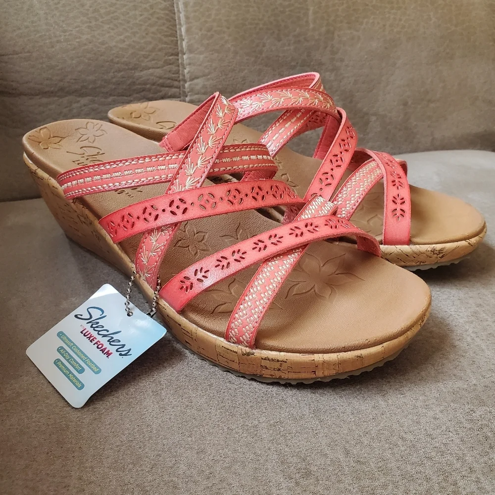 Skechers Beverlee Vegan Wedge Strappy Sandals - Tiger Posse Size 8.5 Pink